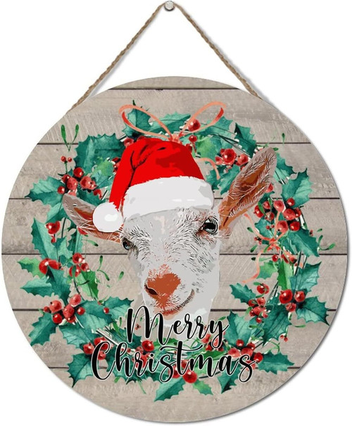 Christmas wreath goat wood sign personalized for entryway or kitchen, rustic farmhouse decor with custom family name | Familywalldecor
