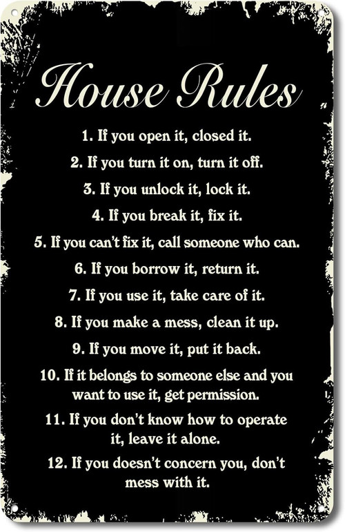 Inspirational family rules metal sign in rustic galvanized finish, vertical layout for farmhouse living room wall decor | Familywalldecor