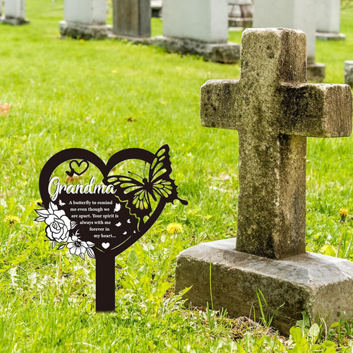 Grandma memorial metal plaque with flowers and butterflies for outdoor graveside cemetery decor, a thoughtful sympathy gift | Familywalldecor