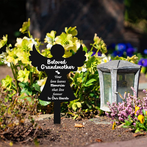 Grandma memorial angel plaque for garden, waterproof with engraved tribute message, outdoor bereavement gift decor. | Familywalldecor