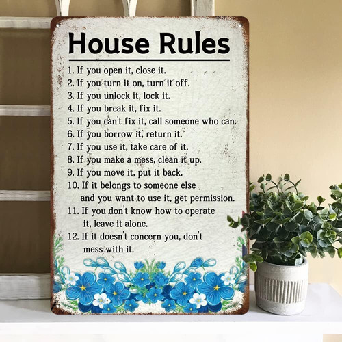 Farmhouse family rules metal sign for living room, vertical tin wall art with distressed white finish and bold black text | Familywalldecor