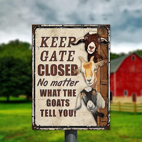 Goat metal sign with Keep Gate Closed text, retro, 8x12 inch wall decor for farm or barn; gift for goat lovers | Familywalldecor