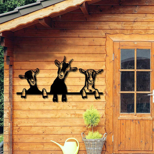 Goat family metal sign for farmhouse outdoor decor, rustic silver cutout silhouette design for porch or garden display | Familywalldecor