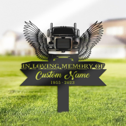 Sympathy angel wings metal grave marker, personalized with name and dates, outdoor memorial plaque for graveside remembrance | Familywalldecor