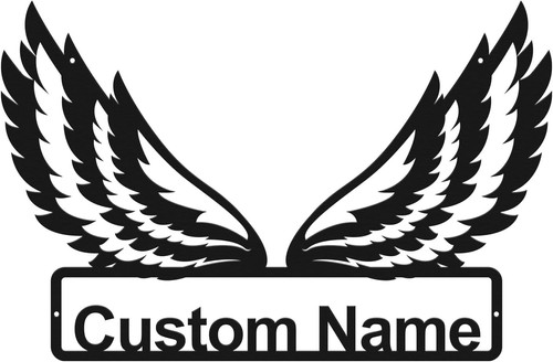 Angel wings metal wall decor with custom name in script, personalized housewarming gift for living room accent wall | Familywalldecor