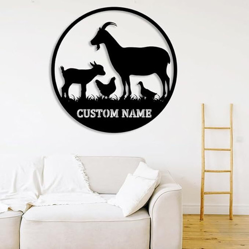 Goat farmhouse kitchen metal wall sign, personalized with family name and est date, matte black, wall art gift for home | Familywalldecor