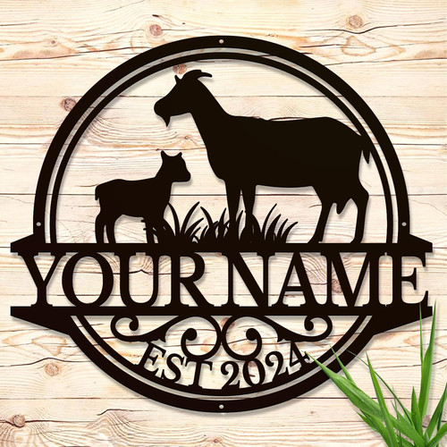 Goat metal sign for outdoor farm decor, personalized with ranch name, black powder-coated plaque for shed or pasture. | Familywalldecor