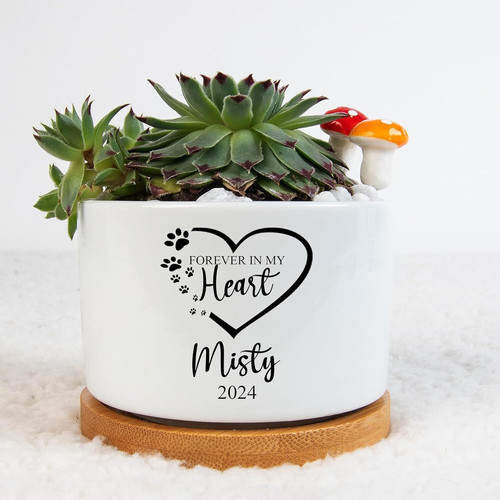 Personalized pet memorial plant pot with bamboo tray, custom name and dates, white ceramic, sympathy gift for dog loss | Familywalldecor