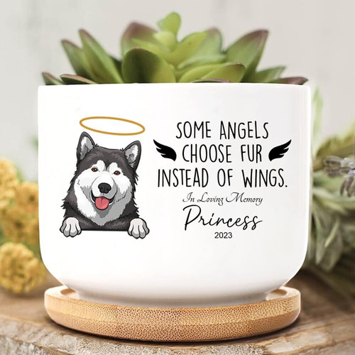 pet memorial plant pot with bamboo tray, personalized with pet name and dates, succulent planter for patio or garden | Familywalldecor