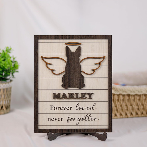 Pet silhouette memorial wooden sign with custom name and date engraving, honoring a beloved dog or cat in rustic natural wood. | Family Wall Decor
