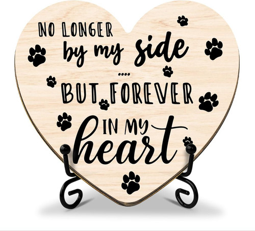 Pet memorial wooden sign with paw print heart, 'No longer by my side, forever in my heart' for dog or cat remembrance | Family Wall Decor