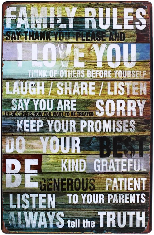 Retro family rules metal tin sign wall art for kitchen or living room decor, vintage-style plaque with distressed typography | Familywalldecor