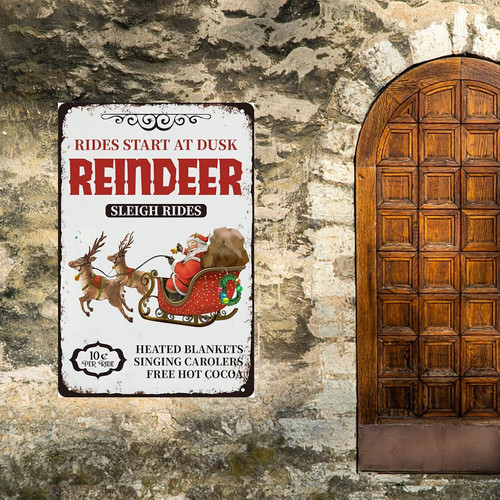 Vintage Santa's sleigh tin sign with funny reindeer, rustic farmhouse Christmas wall decor for kitchen or coffee nook | Familywalldecor