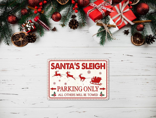 Santa's sleigh metal wall sign, retro Christmas decor for home or cafe; vintage tin plaque with festive sleigh graphic | Familywalldecor