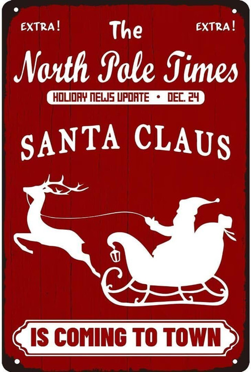 Santa's Sleigh vintage metal wall art sign for farmhouse kitchen, rustic Christmas decor with retro sleigh graphic | Familywalldecor