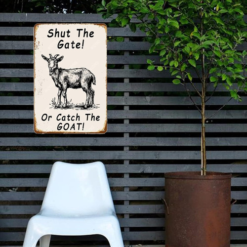 Goat vintage metal sign with "Shut The Gate" text, rustic wall decor for garden fence or yard gate in farmhouse style | Familywalldecor