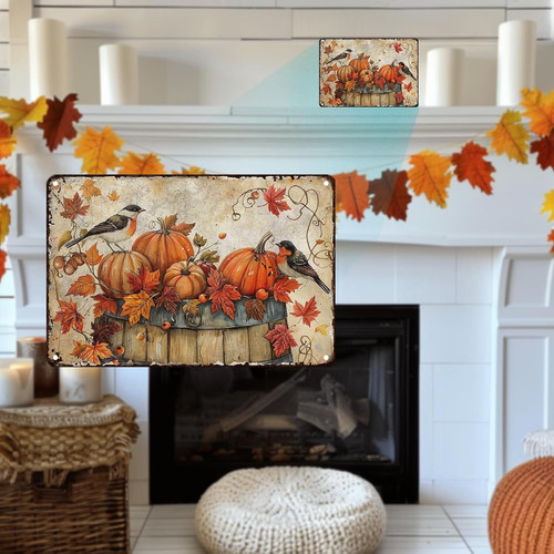 Rustic Thanksgiving metal sign with pumpkin motif, retro farmhouse kitchen wall art for cozy fall home decor accent | Familywalldecor