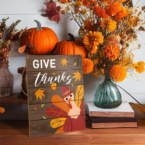 Thanksgiving wooden sign, rustic farmhouse wall plaque with 'Give Thanks' text for fall porch decor or front door hanging | Familywalldecor