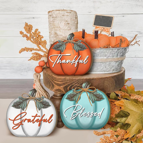 Thanksgiving wooden pumpkin sign wall art and decor, farmhouse style for living room walls or dining table centerpiece | Familywalldecor