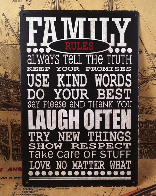 Vintage family rules tin sign wall art, distressed metal decor for home bars or cafes, typography with house rules | Familywalldecor