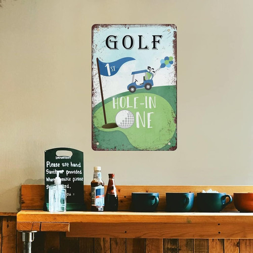 hole in one golf metal tin sign, retro typography and distressed finish for man cave or bar decor, gift for golf lovers | Familywalldecor