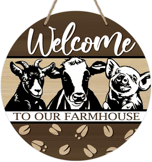 Goat welcome door hanger sign in rustic wood for farmhouse porch, indoor outdoor entry decor featuring farm animals welcome | Familywalldecor