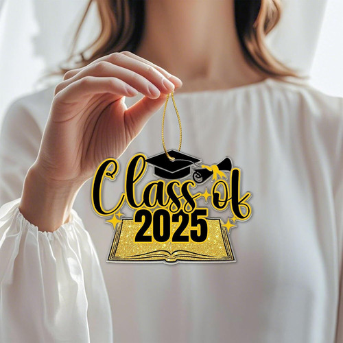 Class of 2025 graduation ornament acrylic wall art, clear round design with gold ribbon, modern decor and grad gift | Familywalldecor