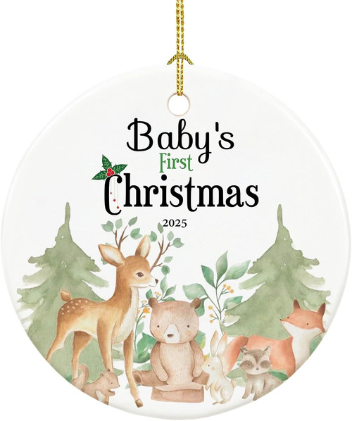 Baby's First Christmas 2025 ornament, personalized with baby's name, perfect for living room tree decor and new parents gift | Familywalldecor