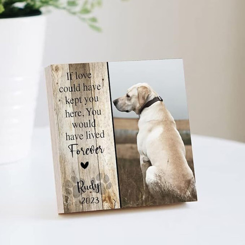 Personalized pet memorial wooden sign in rustic walnut, engraved paw print with custom name and dates, wall hanging | Familywalldecor