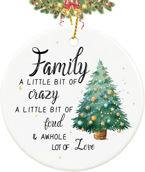 Family Christmas 2025 ceramic ornament for living room decor, glossy round keepsake gift for mom, dad, kids, and grandparents | Familywalldecor