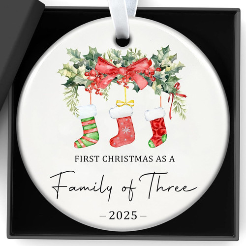 Family of three Christmas ceramic ornament, personalized with names and 2025, keepsake decor for new parents' living room. | Familywalldecor