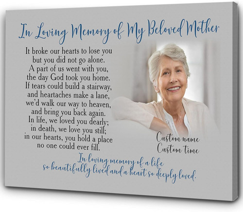 Grandma memorial canvas with 'In Loving Memory' text, angel wings and heart motif, soft watercolor florals, portrait | Family Wall Decor