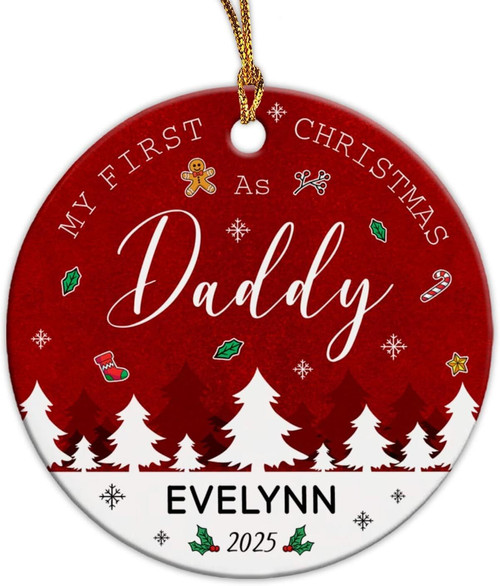New dad ornament 2025 – personalized first Christmas keepsake with baby name, round design with red ribbon, living room gift | Familywalldecor