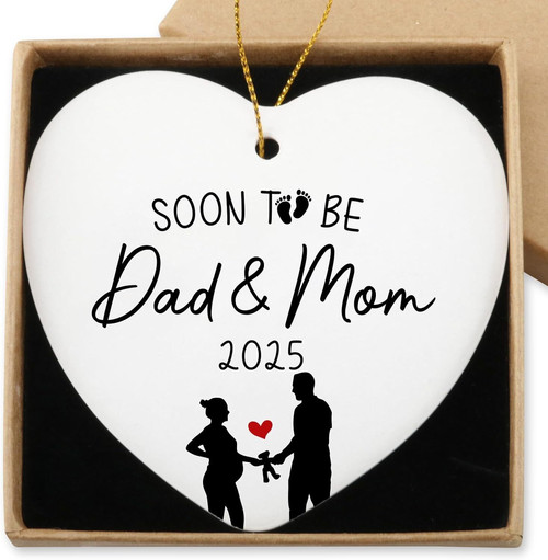 Soon-to-be Dad and Mom 2025 heart hanging ornament, Christmas tree keepsake for first-time parents, living room decor | Familywalldecor