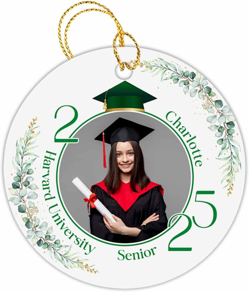 Graduation ornament wall art with Class of 2025, custom name and date, round wood, gift for a graduating friend | Familywalldecor