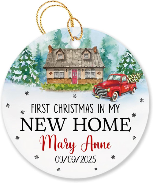 First Christmas in New Home ornament with red car and tree, custom 2025 design for living room holiday tree decor accent | Familywalldecor