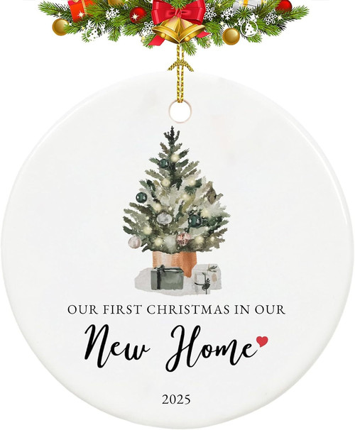 First Christmas in new home ornament, 2025 living room personalized with family name and address; gift for new homeowners | Familywalldecor