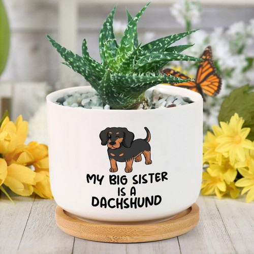Pet memorial dachshund ceramic planter personalized with pet name and dates, for indoor plants and thoughtful dog lover gift | Familywalldecor