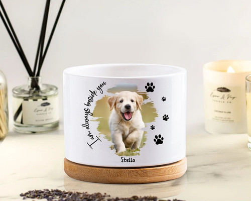 Pet memorial plant pot with bamboo tray, personalized with pet name and dates, sympathy gift for grieving pet owners | Familywalldecor