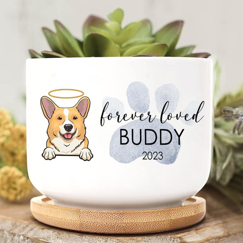 Pet memorial plant pot with bamboo tray, personalized with dog's name and dates; heartfelt sympathy gift for dog moms | Familywalldecor