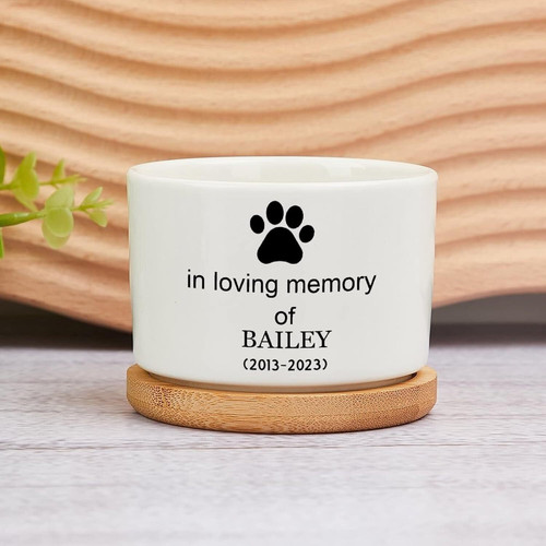 Dog memorial plant pot in white ceramic with paw print and custom name, a bereavement gift for patio or garden decor | Familywalldecor