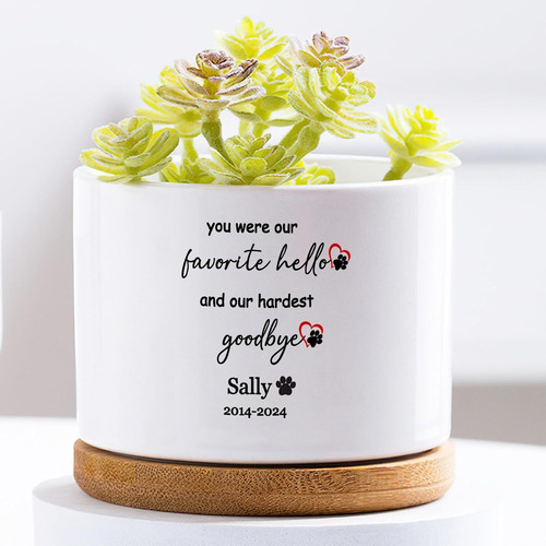 Custom pet memorial plant pot with bamboo tray, personalized with pet name and dates; indoor succulent planter sympathy gift | Familywalldecor