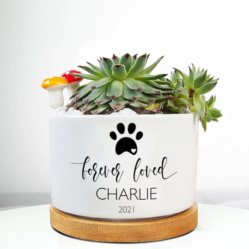 Pet memorial plant pot with bamboo tray for dog loss, personalized with dog's name and dates; paw print, sympathy gift. | Familywalldecor