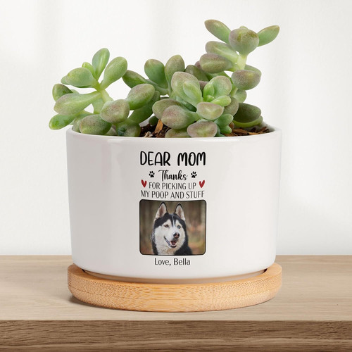 Heartfelt custom dog photo memorial plant pot, white ceramic, minimalist indoor decor, personalized sympathy gift for dog lovers | Familywalldecor