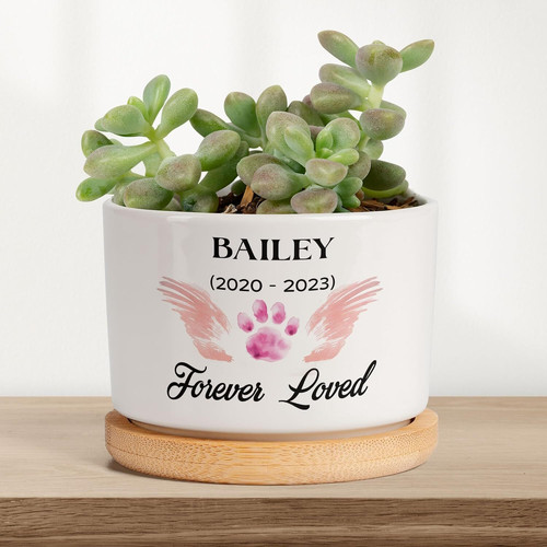 Custom photo dog planter memorial pot personalized with pet's name and dates, thoughtful sympathy gift for dog moms after loss keepsake | Familywalldecor