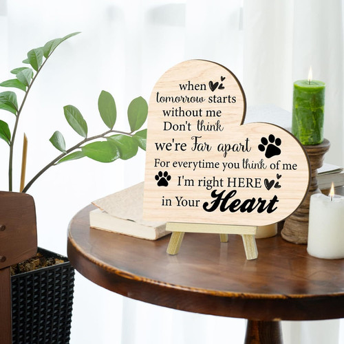 Dog memorial wooden heart plaque for pet loss, engraved desk decor with paw print and quote to honor a beloved pup | Family Wall Decor