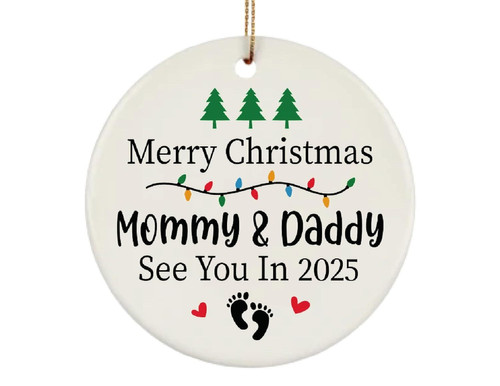 pregnancy announcement ornament, personalized for christmas 2025; gift for mommy and daddy to be, living room decor | Familywalldecor