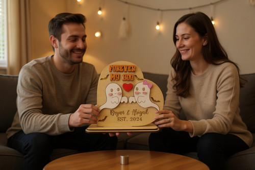 Halloween couples wooden sign with 'Forever My Boo' script, rustic wood plaque for spooky anniversary decor on wall or mantel | Familywalldecor