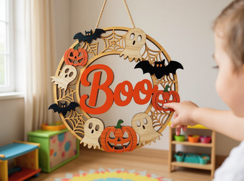 Halloween round wood sign with ghost and pumpkin, cute 'Boo' lettering for front door decor, indoor or outdoor display | Familywalldecor