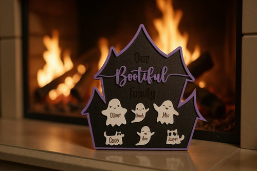 Halloween wood sign personalized 'Our Bootiful Family' with ghost icons and custom names on rustic wood for entryway decor | Family Wall Decor